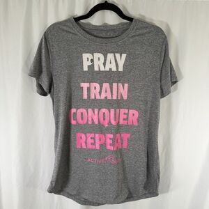 In Jesus Name I Play Shirt Womens Large Heathered Grey Pray Train Conquer Repeat
